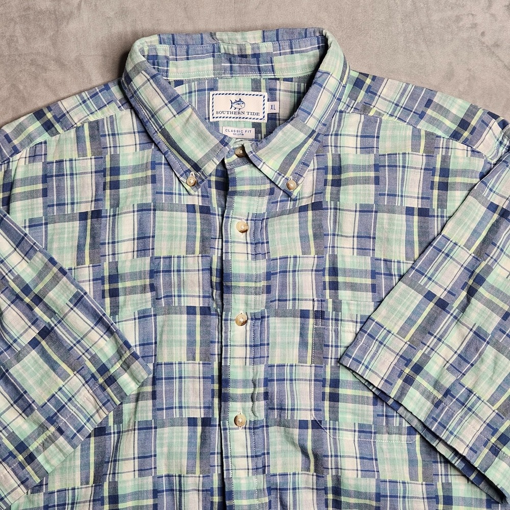 Southern Tide Shirt Mens XL Blue Green Patchwork Plaid Classic Fit Button Down